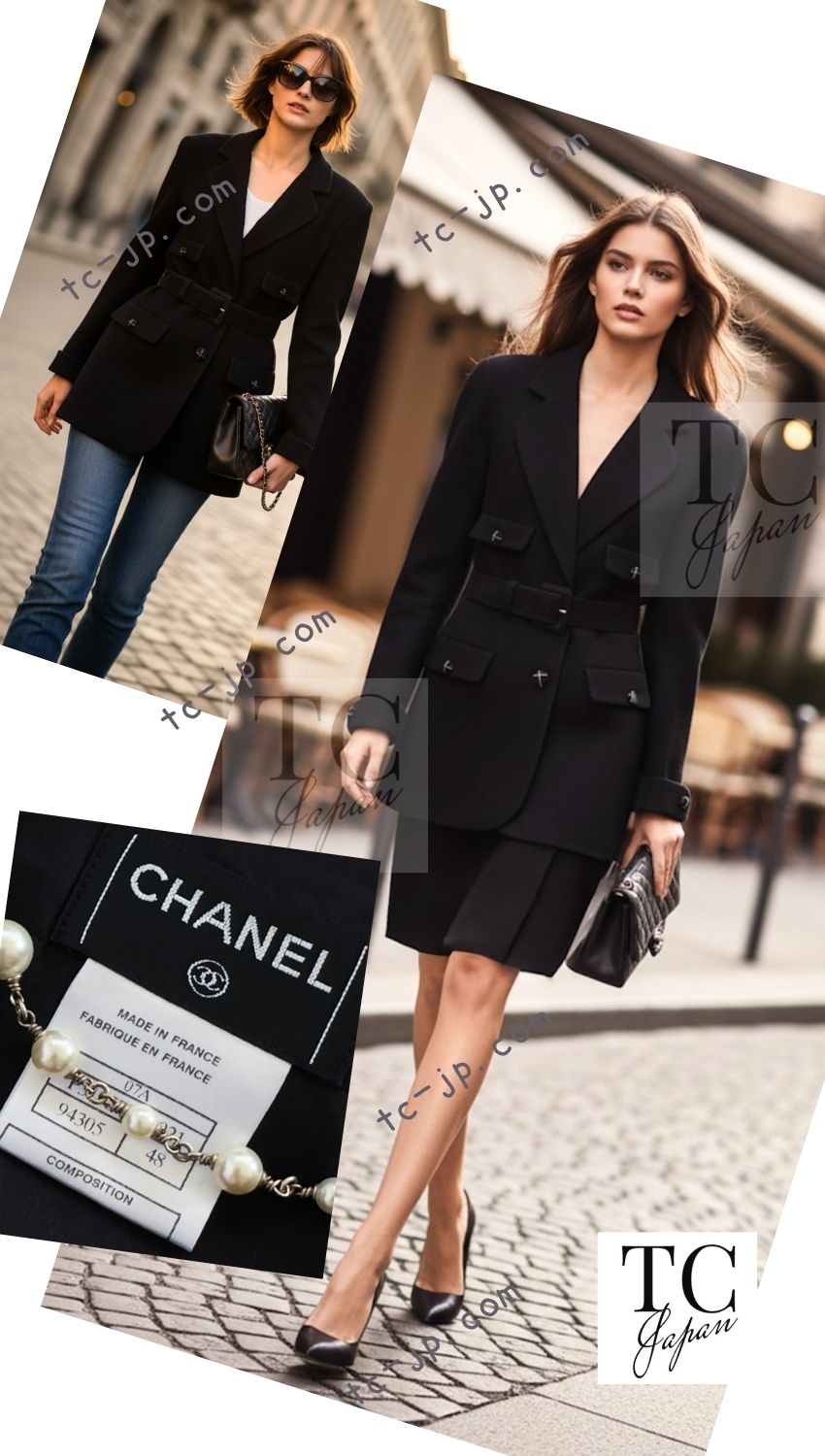 CHANEL 07A Black Wool Jacket Skirt Suit with Belt 44 46 シャネル ブラック ウール 100% ジャケット スカート スーツ ベルト付き 即発
