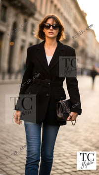 CHANEL 07A Black Wool Jacket Skirt Suit with Belt 44 46 シャネル ブラック ウール 100% ジャケット スカート スーツ ベルト付き 即発