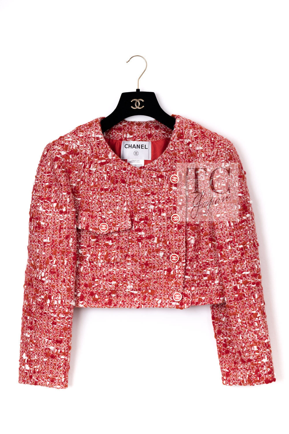 CHANEL 01A Vintage Red Wool Cropped Tweed Jacket Skirt Suit 42 2