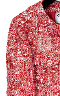 CHANEL 01A Vintage Red Wool Cropped Tweed Jacket Skirt Suit 42 16
