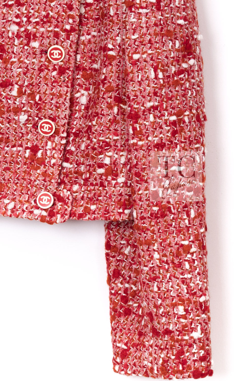 CHANEL 01A Vintage Red Wool Cropped Tweed Jacket Skirt Suit 42 17