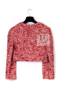 CHANEL 01A Vintage Red Wool Cropped Tweed Jacket Skirt Suit 42 3