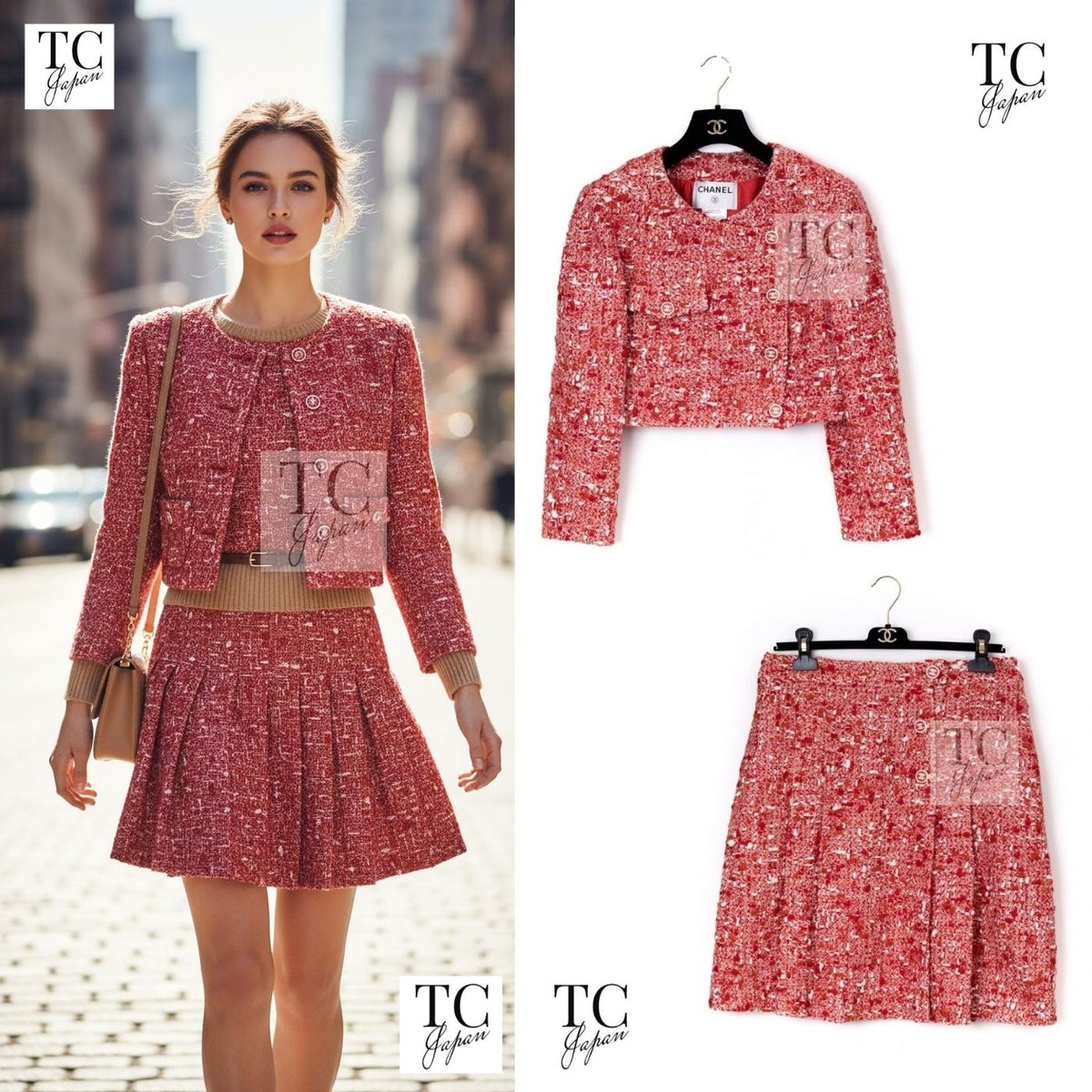 CHANEL 01A Vintage Red Wool Cropped Tweed Jacket Skirt Suit 42 1