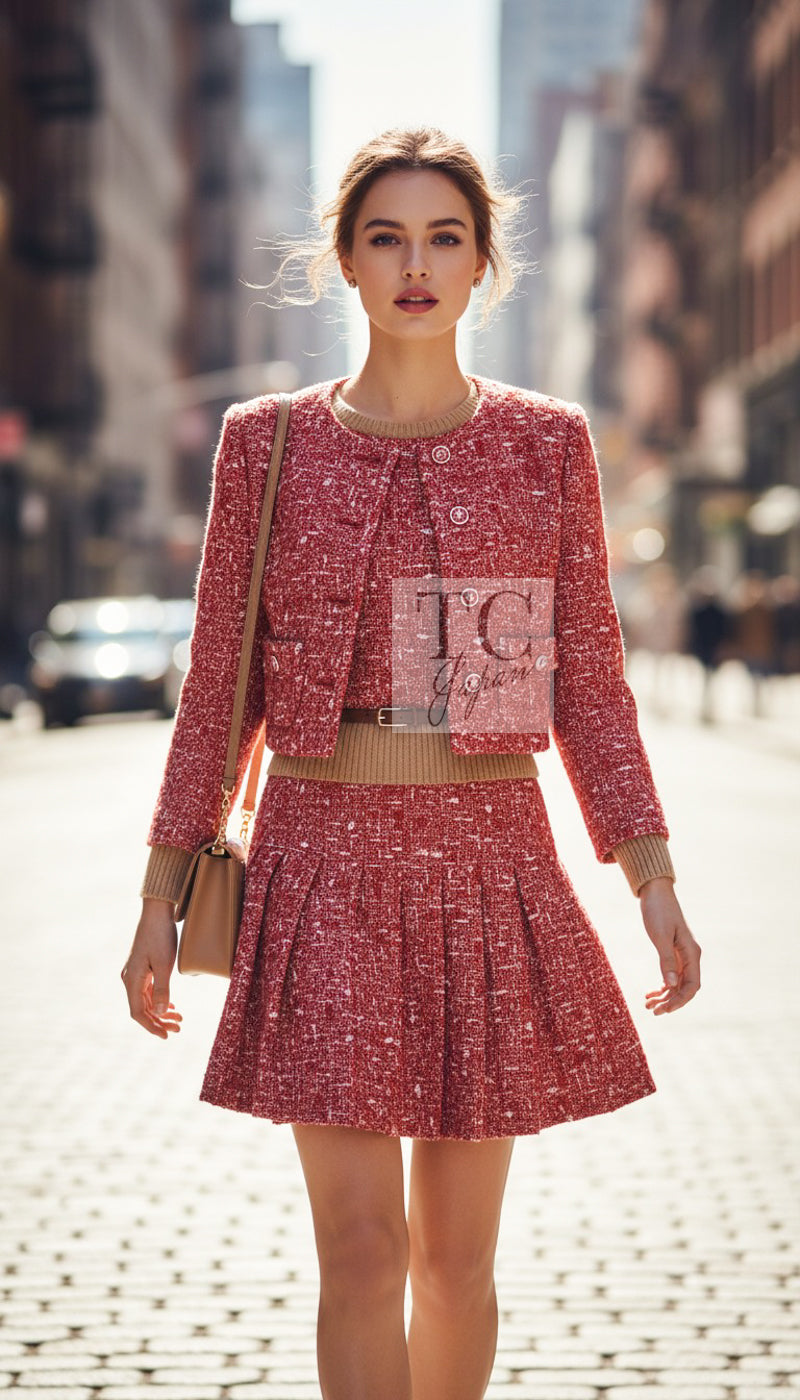CHANEL 01A Vintage Red Wool Cropped Tweed Jacket Skirt Suit 42 14