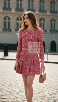 CHANEL 01A Vintage Red Wool Cropped Tweed Jacket Skirt Suit 42 13