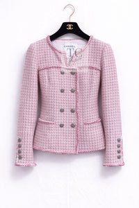 CHANEL 14S Pink White Cotton Collarless Double Jacket 34 シャネル ピンク ホワイト コットン ノーカラー ダブル ジャケット 即発