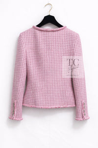 CHANEL 14S Pink White Cotton Collarless Double Jacket 34 シャネル ピンク ホワイト コットン ノーカラー ダブル ジャケット 即発
