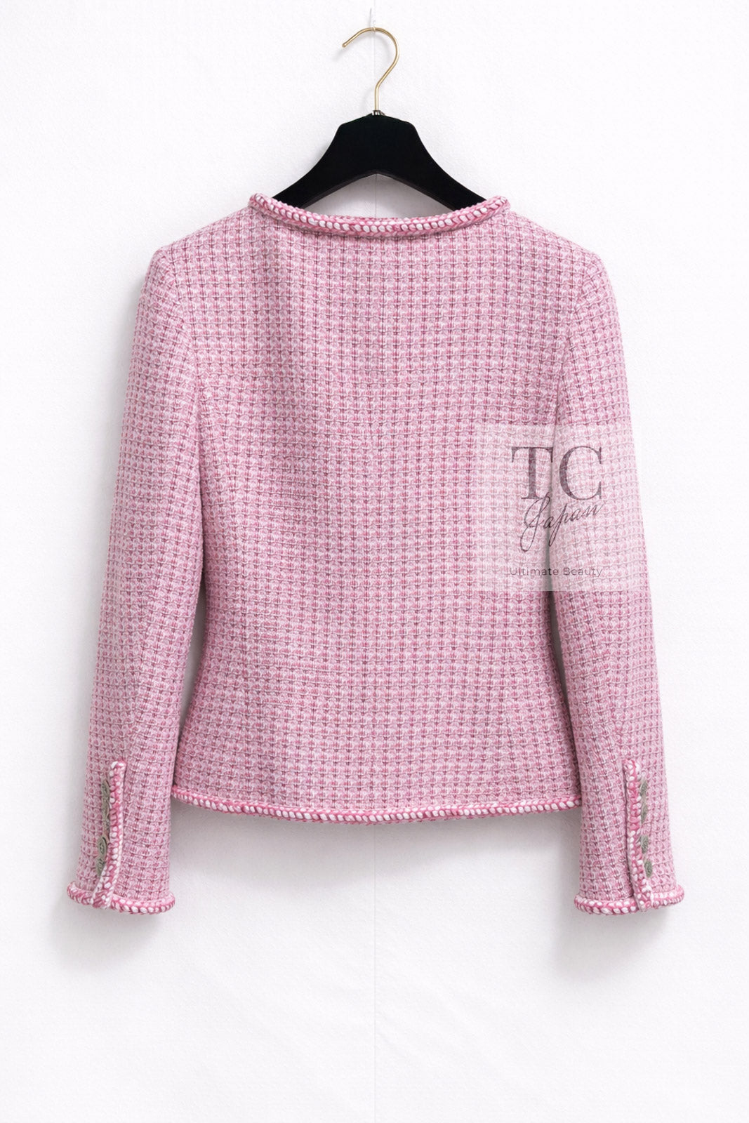 CHANEL 14S Pink White Cotton Collarless Double Jacket 34 シャネル ピンク ホワイト コットン ノーカラー ダブル ジャケット 即発