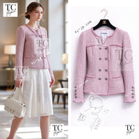 CHANEL 14S Pink White Cotton Collarless Double Jacket 34 シャネル ピンク ホワイト コットン ノーカラー ダブル ジャケット 即発