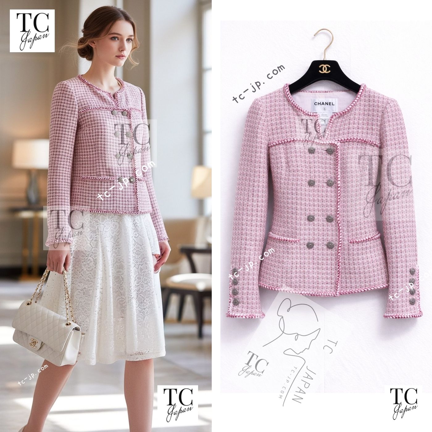 CHANEL 14S Pink White Cotton Collarless Double Jacket 34 シャネル ピンク ホワイト コットン ノーカラー ダブル ジャケット 即発