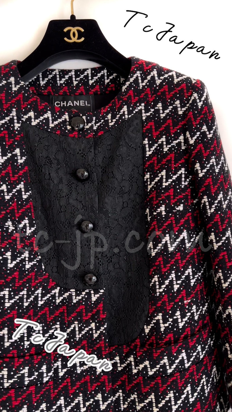 CHANEL 15S Black Red Multi Tweed Jacket Skirt Suit 34 36 シャネル ブラック レッド レース ツイード ジャケット スカート スーツ 即発