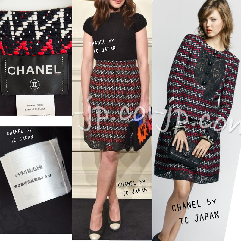 CHANEL 15S Black Red Multi Tweed Jacket Skirt Suit 34 36 シャネル ブラック レッド レース ツイード ジャケット スカート スーツ 即発