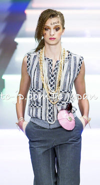 CHANEL 01S Beige Navy Linen Tweed Sequin trim Vest Tops 38 シャネル ベージュ ネイビー リネン ツイード スパンコール トリム ベスト ジレ トップス 即発