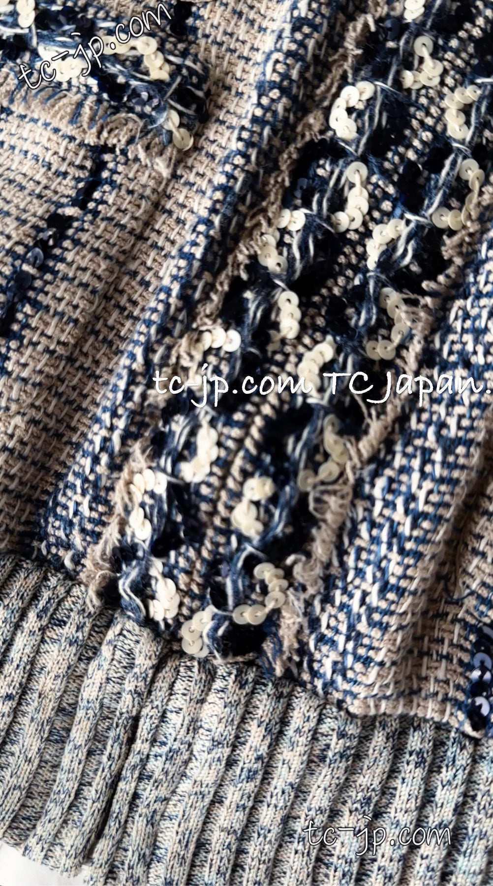 CHANEL 01S Beige Navy Linen Tweed Sequin trim Vest Tops 38 シャネル ベージュ ネイビー リネン ツイード スパンコール トリム ベスト ジレ トップス 即発