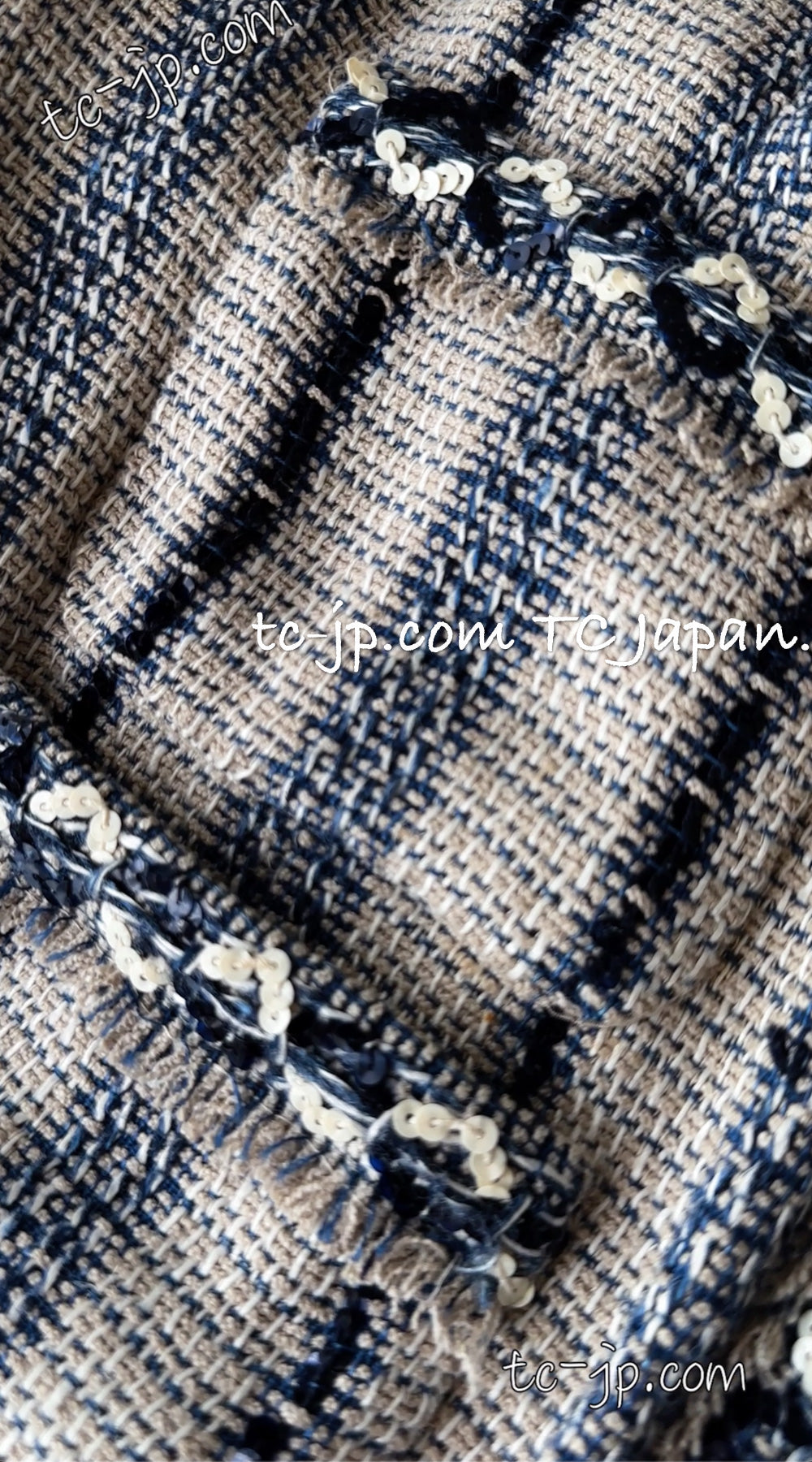 CHANEL 01S Beige Navy Linen Tweed Sequin trim Vest Tops 38 シャネル ベージュ ネイビー リネン ツイード スパンコール トリム ベスト ジレ トップス 即発