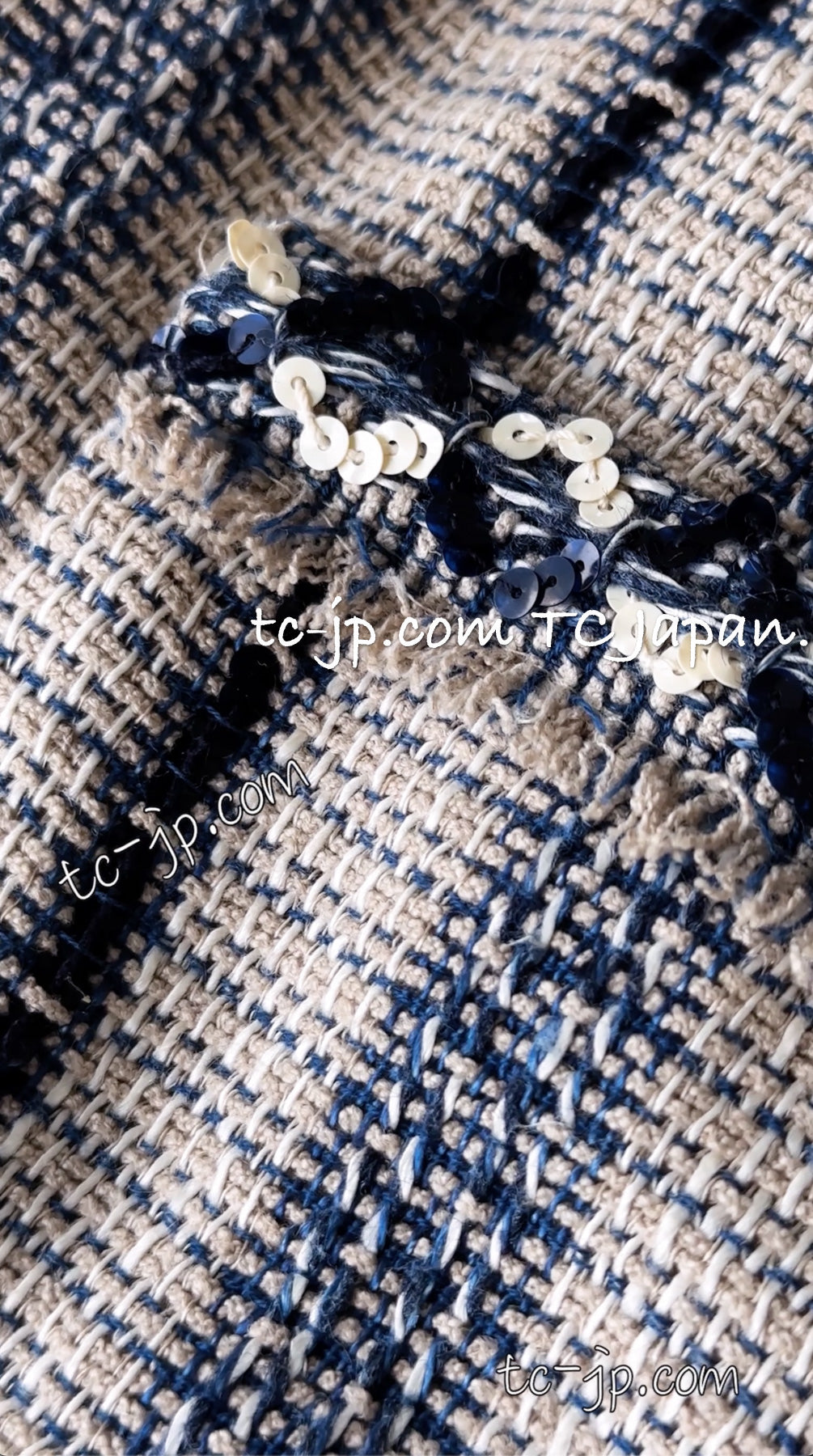 CHANEL 01S Beige Navy Linen Tweed Sequin trim Vest Tops 38 シャネル ベージュ ネイビー リネン ツイード スパンコール トリム ベスト ジレ トップス 即発