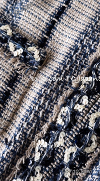CHANEL 01S Beige Navy Linen Tweed Sequin trim Vest Tops 38 シャネル ベージュ ネイビー リネン ツイード スパンコール トリム ベスト ジレ トップス 即発