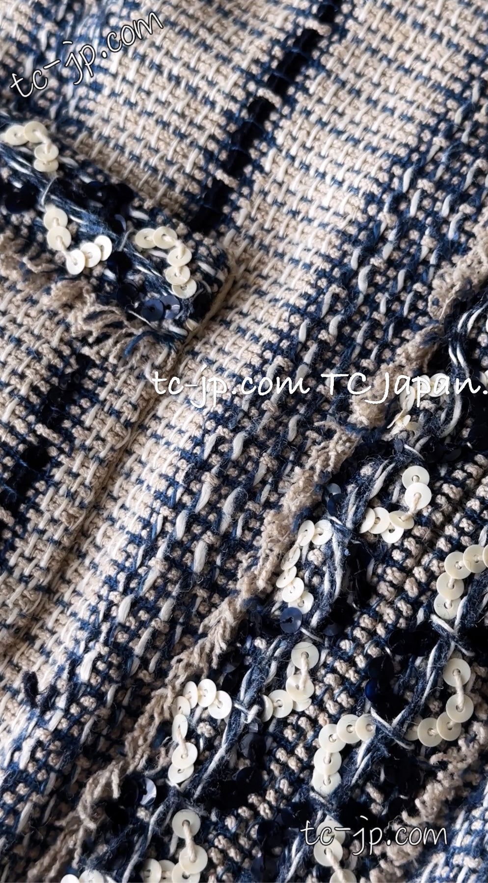 CHANEL 01S Beige Navy Linen Tweed Sequin trim Vest Tops 38 シャネル ベージュ ネイビー リネン ツイード スパンコール トリム ベスト ジレ トップス 即発