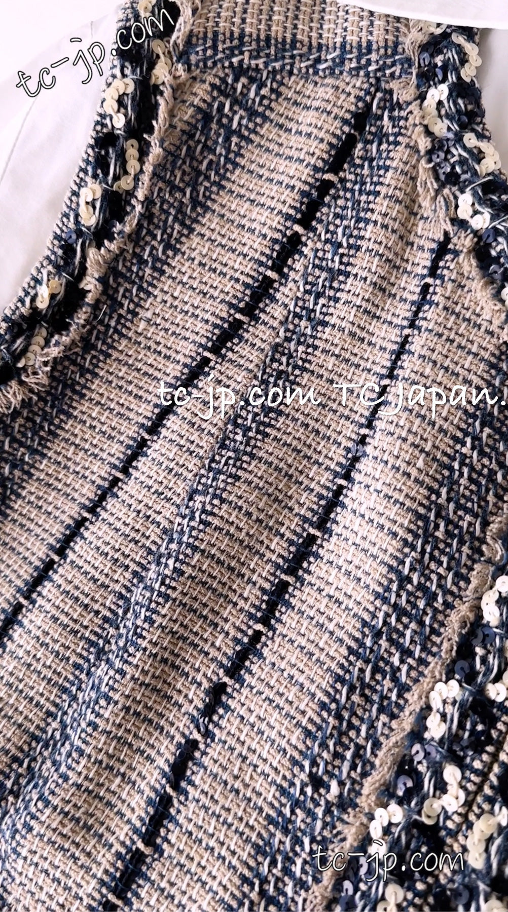 CHANEL 01S Beige Navy Linen Tweed Sequin trim Vest Tops 38 シャネル ベージュ ネイビー リネン ツイード スパンコール トリム ベスト ジレ トップス 即発