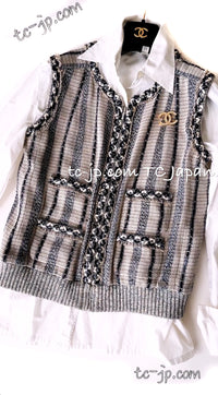 CHANEL 01S Beige Navy Linen Tweed Sequin trim Vest Tops 38 シャネル ベージュ ネイビー リネン ツイード スパンコール トリム ベスト ジレ トップス 即発