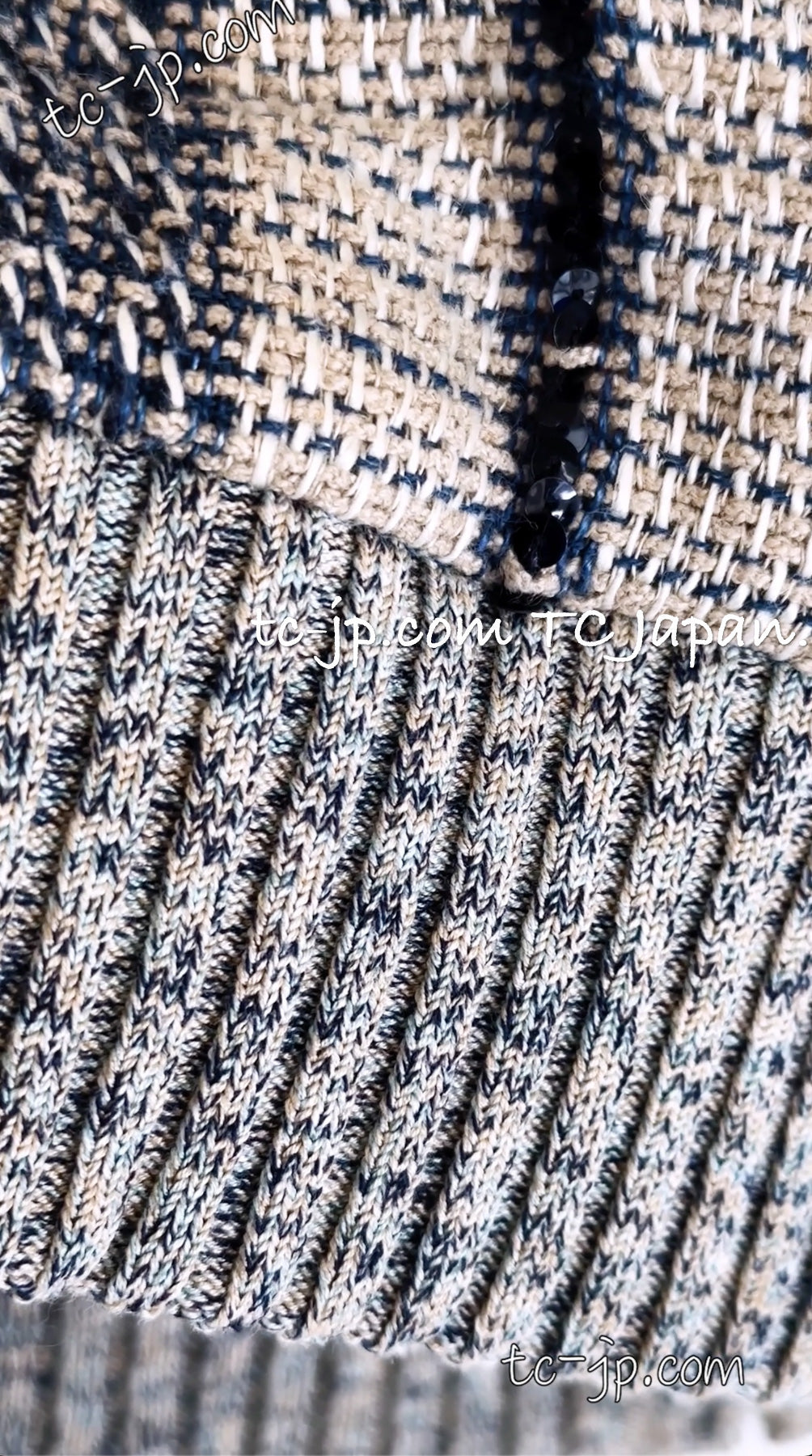 CHANEL 01S Beige Navy Linen Tweed Sequin trim Vest Tops 38 シャネル ベージュ ネイビー リネン ツイード スパンコール トリム ベスト ジレ トップス 即発