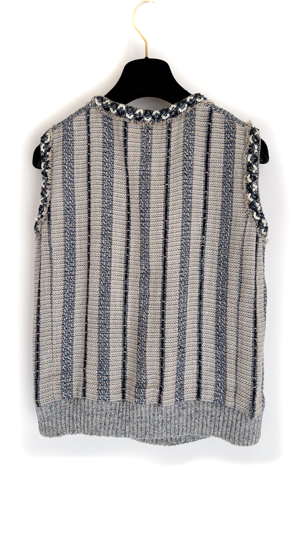 CHANEL 01S Beige Navy Linen Tweed Sequin trim Vest Tops 38 シャネル ベージュ ネイビー リネン ツイード スパンコール トリム ベスト ジレ トップス 即発