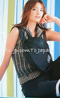 CHANEL 01S Beige Navy Linen Tweed Sequin trim Vest Tops 38 シャネル ベージュ ネイビー リネン ツイード スパンコール トリム ベスト ジレ トップス 即発