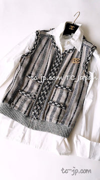 CHANEL 01S Beige Navy Linen Tweed Sequin trim Vest Tops 38 シャネル ベージュ ネイビー リネン ツイード スパンコール トリム ベスト ジレ トップス 即発