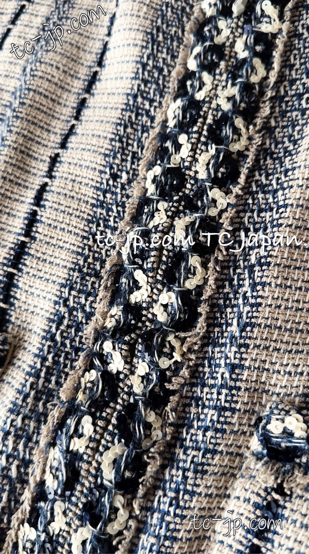 CHANEL 01S Beige Navy Linen Tweed Sequin trim Vest Tops 38 シャネル ベージュ ネイビー リネン ツイード スパンコール トリム ベスト ジレ トップス 即発