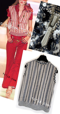 CHANEL 01S Beige Navy Linen Tweed Sequin trim Vest Tops 38 シャネル ベージュ ネイビー リネン ツイード スパンコール トリム ベスト ジレ トップス 即発