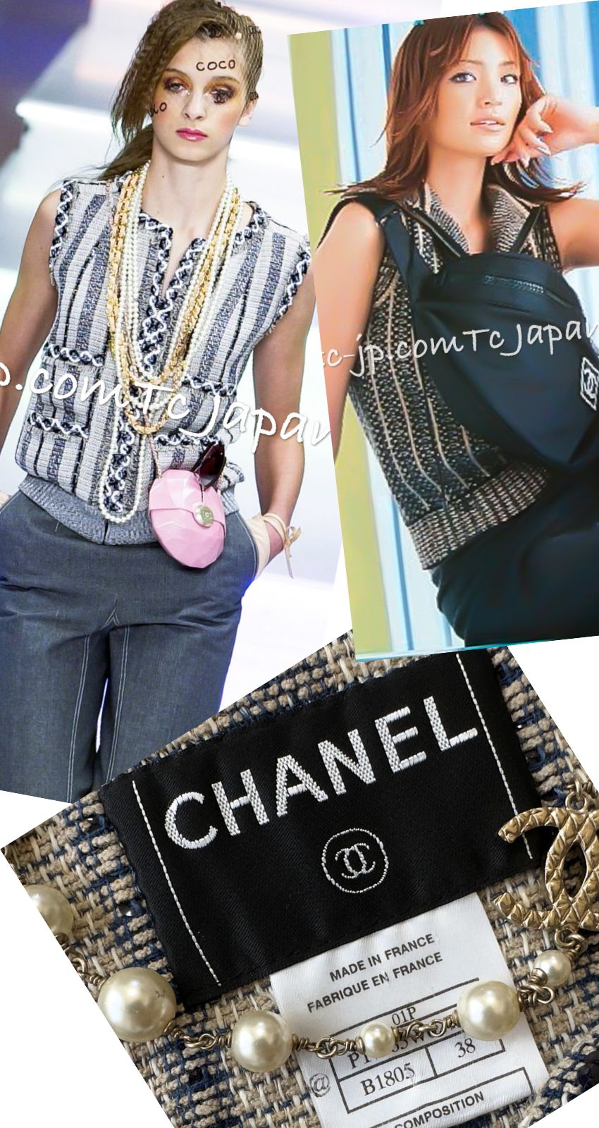 CHANEL 01S Beige Navy Linen Tweed Sequin trim Vest Tops 38 シャネル ベージュ ネイビー リネン ツイード スパンコール トリム ベスト ジレ トップス 即発