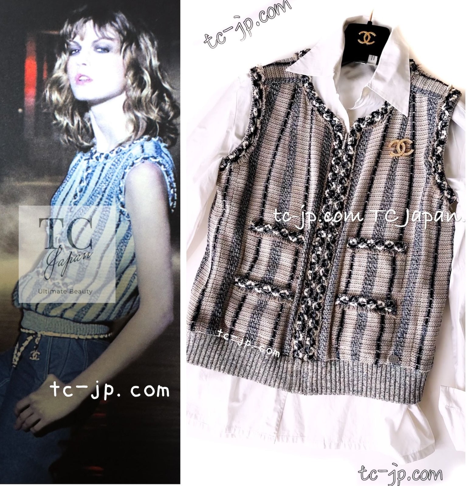 CHANEL 01S Beige Navy Linen Tweed Sequin trim Vest Tops 38 シャネル ベージュ ネイビー リネン ツイード スパンコール トリム ベスト ジレ トップス 即発