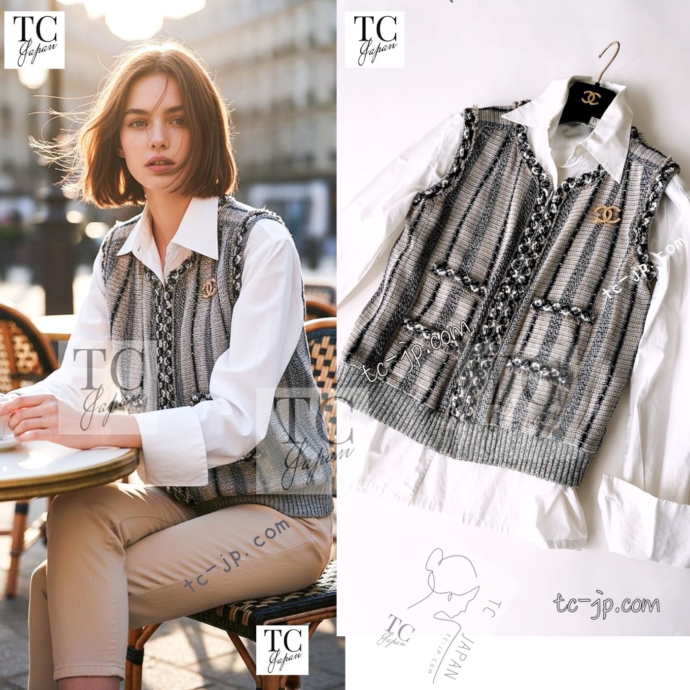 CHANEL 01S Beige Navy Linen Tweed Sequin trim Vest Tops 38 シャネル ベージュ ネイビー リネン ツイード スパンコール トリム ベスト ジレ トップス 即発