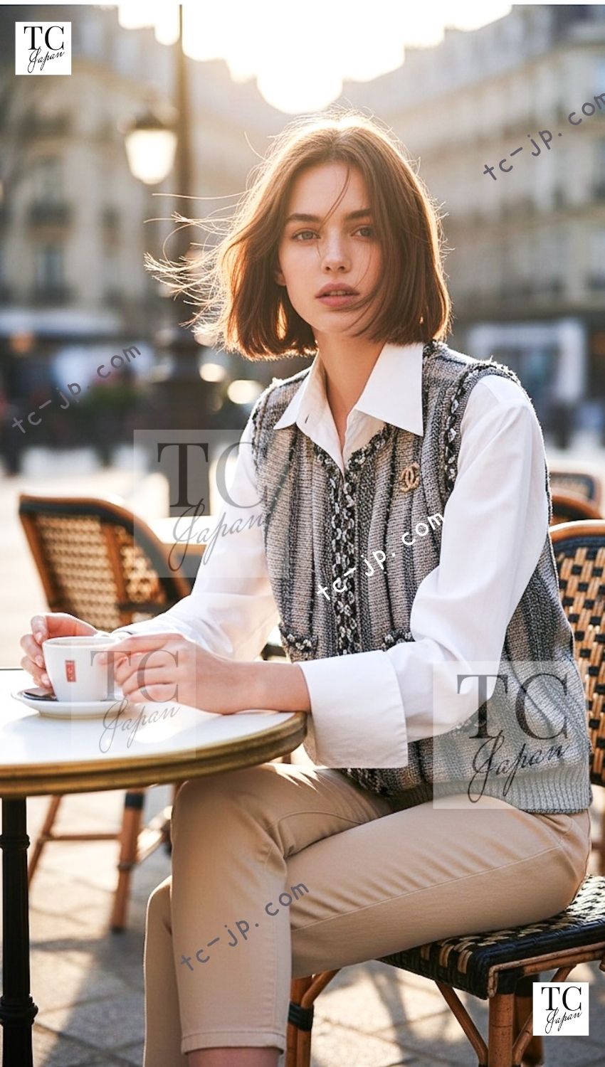 CHANEL 01S Beige Navy Linen Tweed Sequin trim Vest Tops 38 シャネル ベージュ ネイビー リネン ツイード スパンコール トリム ベスト ジレ トップス 即発