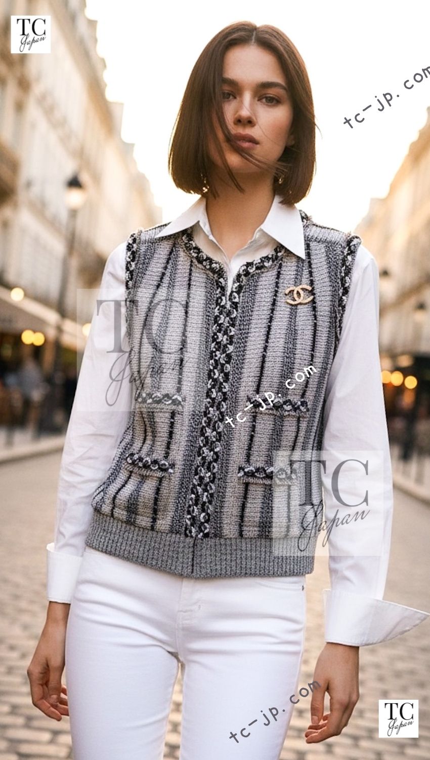 シャネル　トップス　ブラウス　ジレ　リボン　ツィード　シフォン シャネル トップス CHANEL 01S レッド リネン ツイード スパンコール