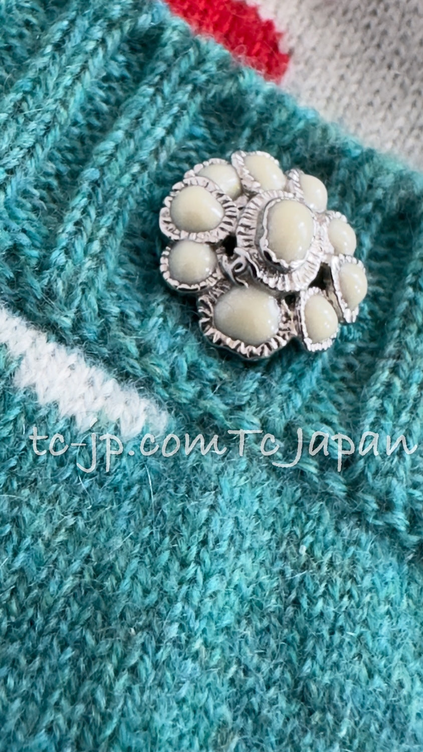 CHANEL 15C Green Turquoise Flower Cashmere Knit Cardigan 36 シャネル グリーン ターコイズ フラワー柄 カシミア ニット カーディガン 即発