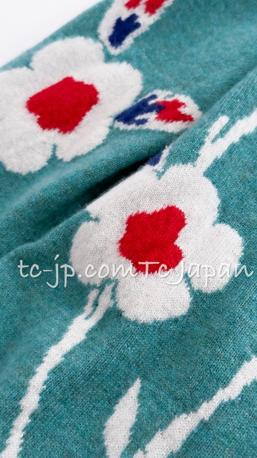 シャネル カーディガン CHANEL グリーン ターコイズ フラワー柄