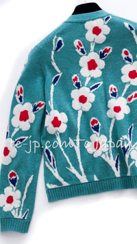 CHANEL 15C Green Turquoise Flower Cashmere Knit Cardigan 36 シャネル グリーン ターコイズ フラワー柄 カシミア ニット カーディガン 即発