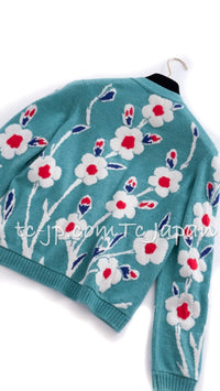 CHANEL 15C Green Turquoise Flower Cashmere Knit Cardigan 36 シャネル グリーン ターコイズ フラワー柄 カシミア ニット カーディガン 即発