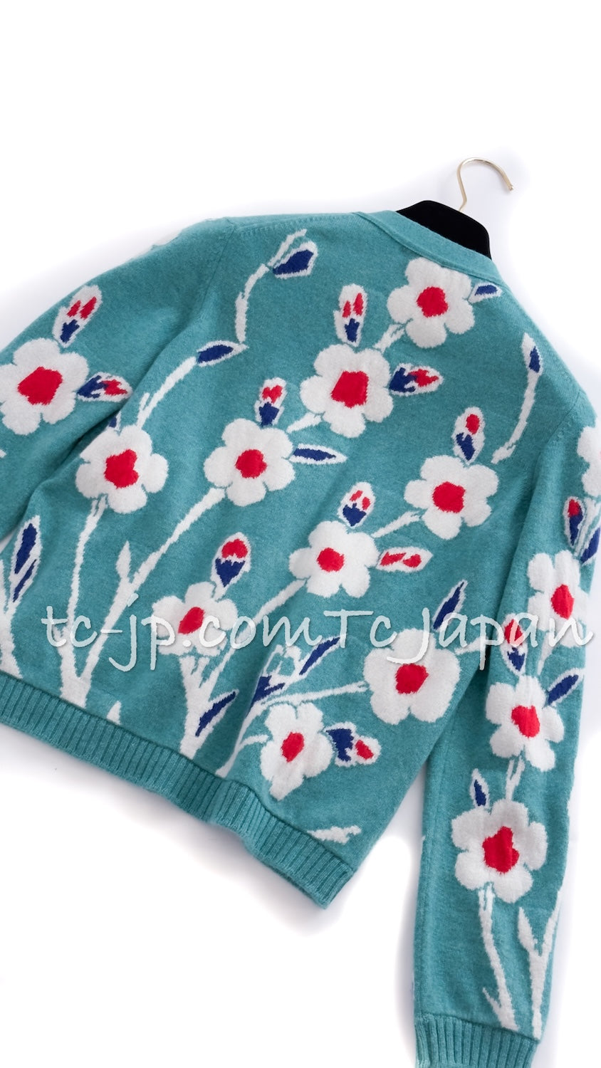 CHANEL 15C Green Turquoise Flower Cashmere Knit Cardigan 36 シャネル グリーン ターコイズ フラワー柄 カシミア ニット カーディガン 即発