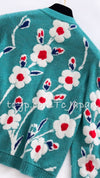 CHANEL 15C Green Turquoise Flower Cashmere Knit Cardigan 36 シャネル グリーン ターコイズ フラワー柄 カシミア ニット カーディガン 即発