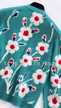 CHANEL 15C Green Turquoise Flower Cashmere Knit Cardigan 36 シャネル グリーン ターコイズ フラワー柄 カシミア ニット カーディガン 即発