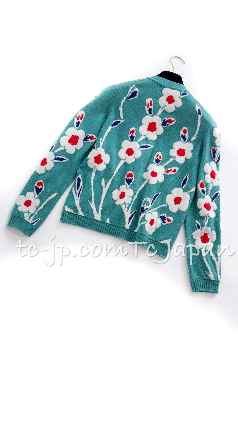 CHANEL 15C Green Turquoise Flower Cashmere Knit Cardigan 36 シャネル グリーン ターコイズ フラワー柄 カシミア ニット カーディガン 即発