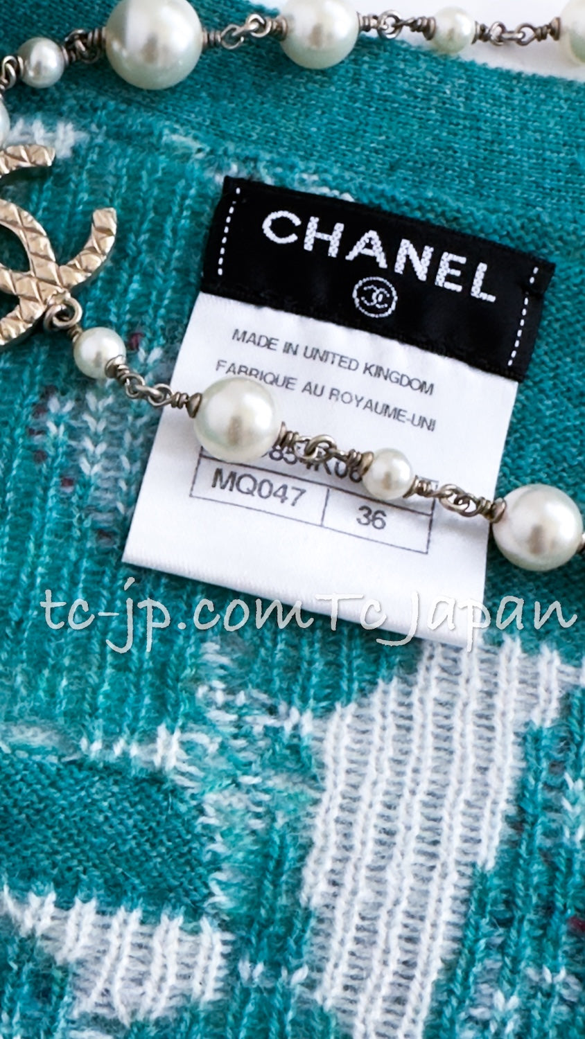 CHANEL 15C Green Turquoise Flower Cashmere Knit Cardigan 36 シャネル グリーン ターコイズ フラワー柄 カシミア ニット カーディガン 即発