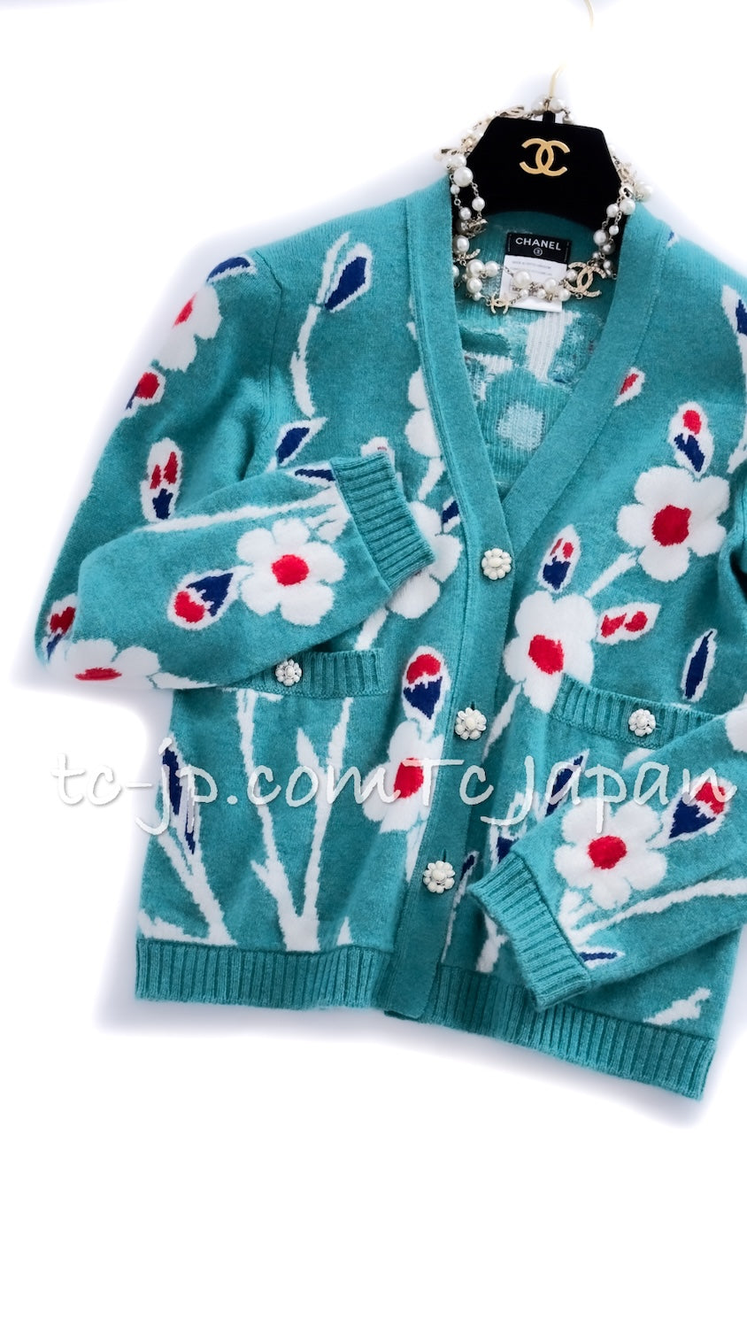 シャネル カーディガン CHANEL グリーン ターコイズ フラワー柄