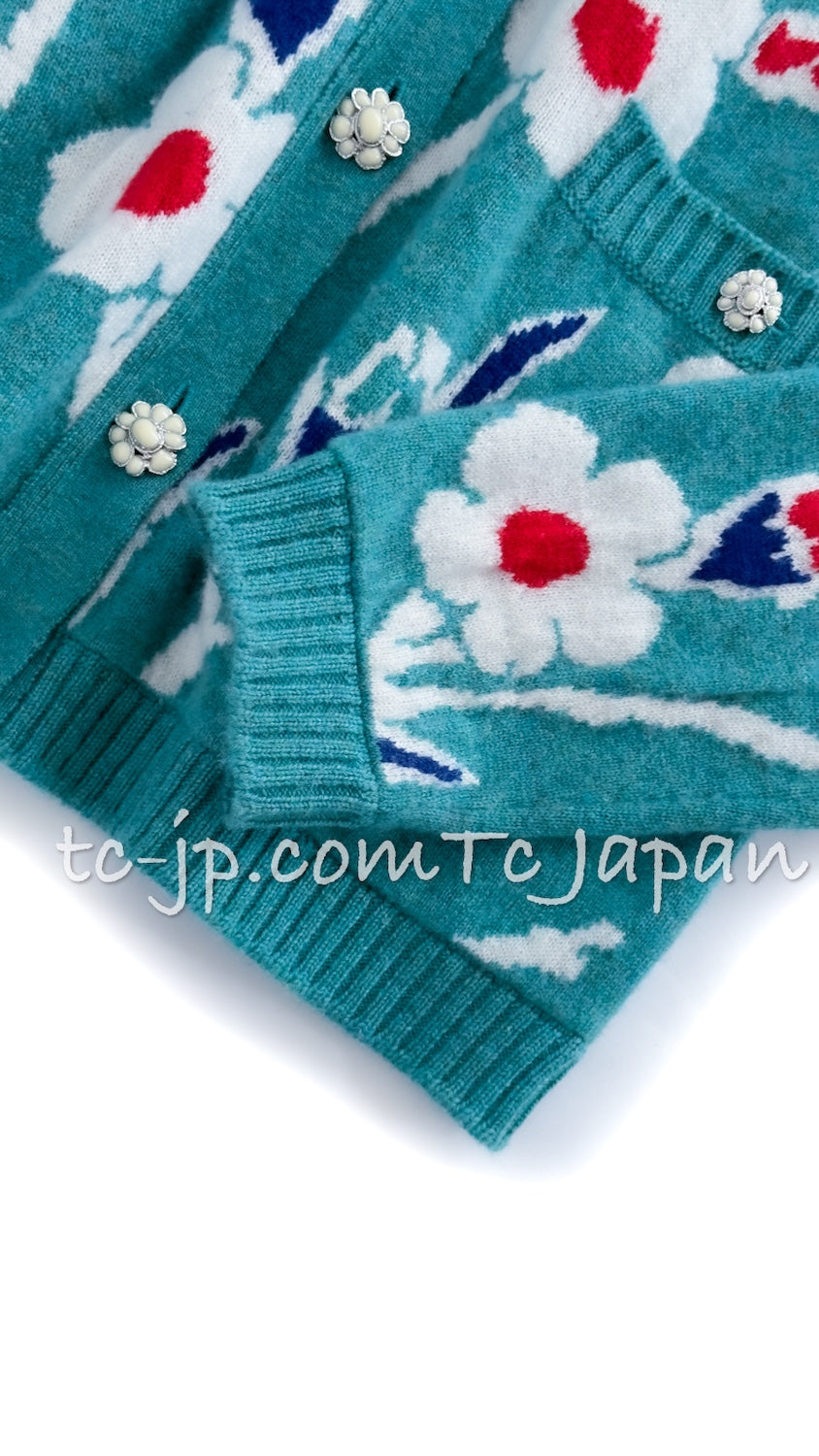 CHANEL 15C Green Turquoise Flower Cashmere Knit Cardigan 36 シャネル グリーン ターコイズ フラワー柄 カシミア ニット カーディガン 即発