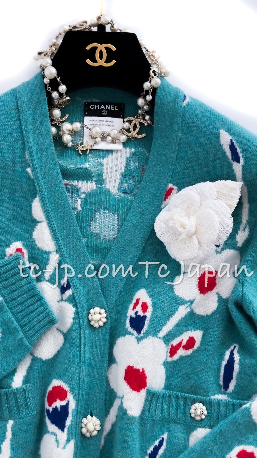 CHANEL 15C Green Turquoise Flower Cashmere Knit Cardigan 36 シャネル グリーン ターコイズ フラワー柄 カシミア ニット カーディガン 即発