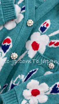 CHANEL 15C Green Turquoise Flower Cashmere Knit Cardigan 36 シャネル グリーン ターコイズ フラワー柄 カシミア ニット カーディガン 即発