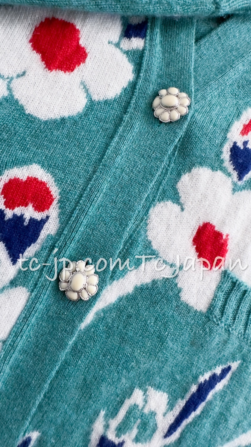 CHANEL 15C Green Turquoise Flower Cashmere Knit Cardigan 36 シャネル グリーン ターコイズ フラワー柄 カシミア ニット カーディガン 即発