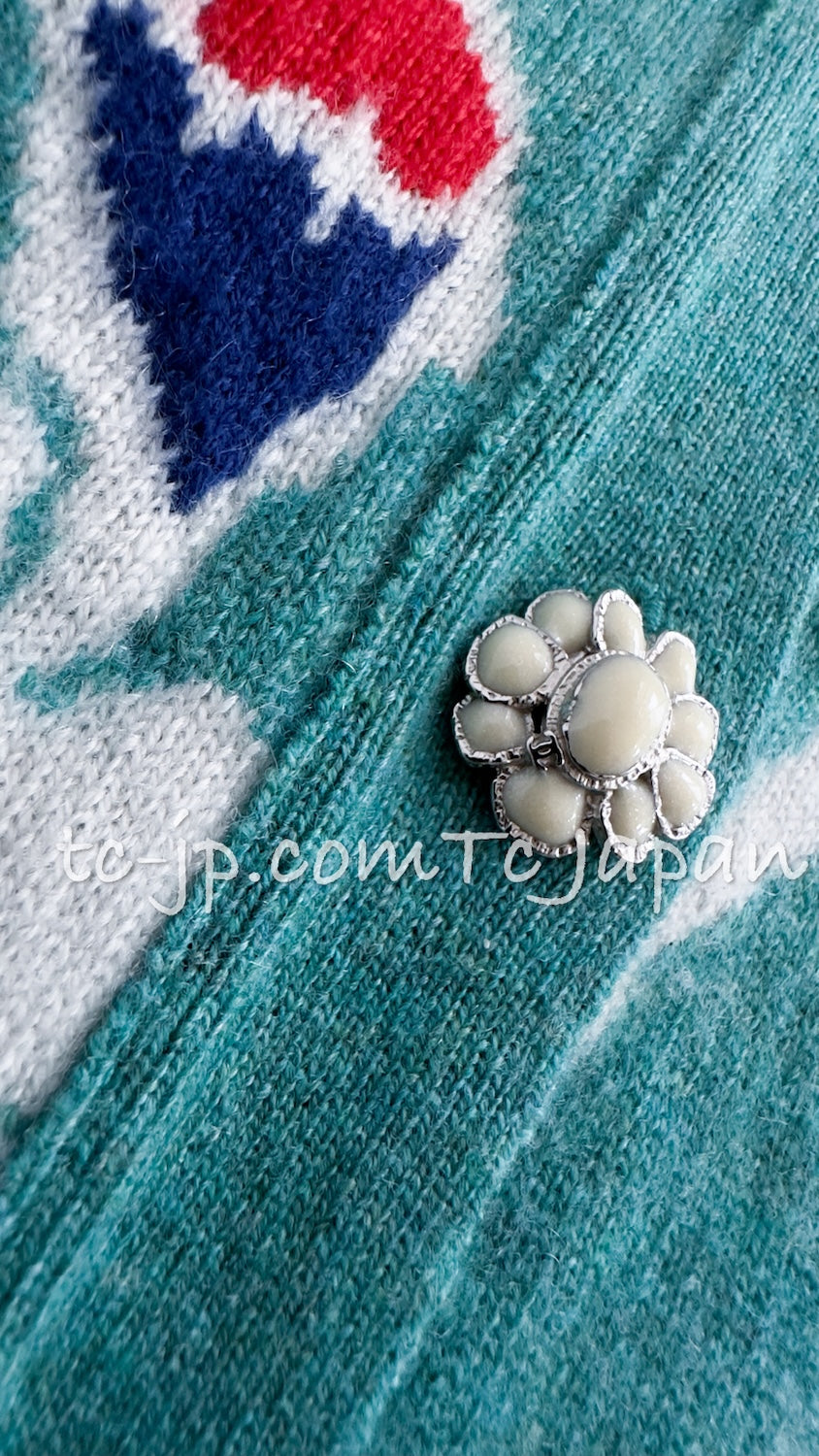 CHANEL 15C Green Turquoise Flower Cashmere Knit Cardigan 36 シャネル グリーン ターコイズ フラワー柄 カシミア ニット カーディガン 即発